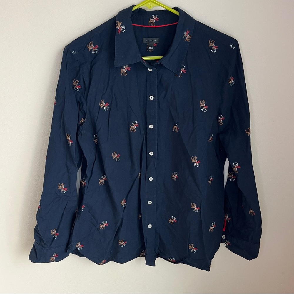 Talbots women navy blue button-down shirt holiday reindeer metallic winter large